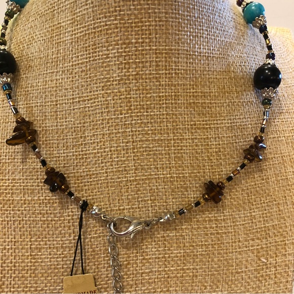 NWT Calypso Studios Necklace Handmade art glass black & teal w/ tigers eye chips - Picture 6 of 8